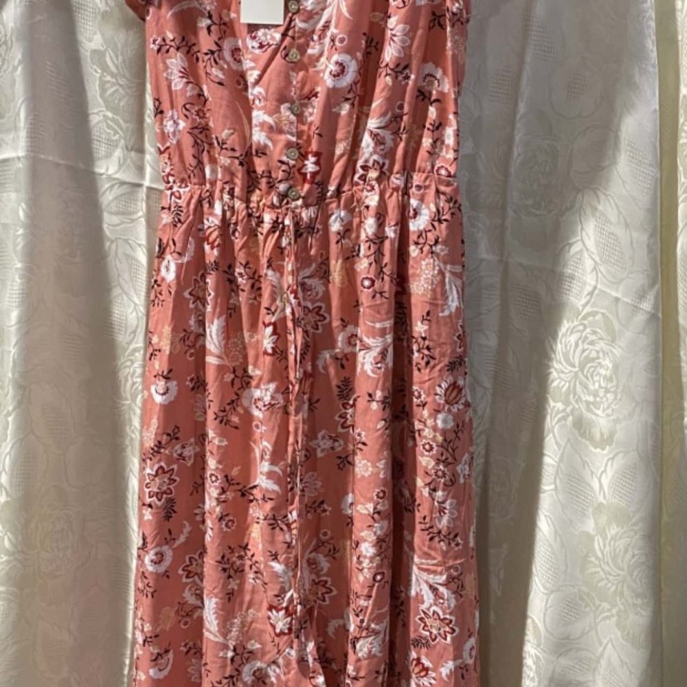 Coral Pink Boho Floral Ruffle Midi Dress NWT - Picture 7 of 10